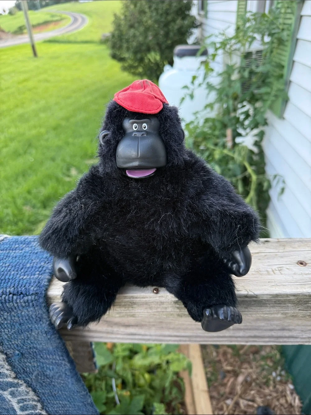 Black Plush Gorilla Stuffed Animal with Red Cap - Kids Toy 1990 vintage singing